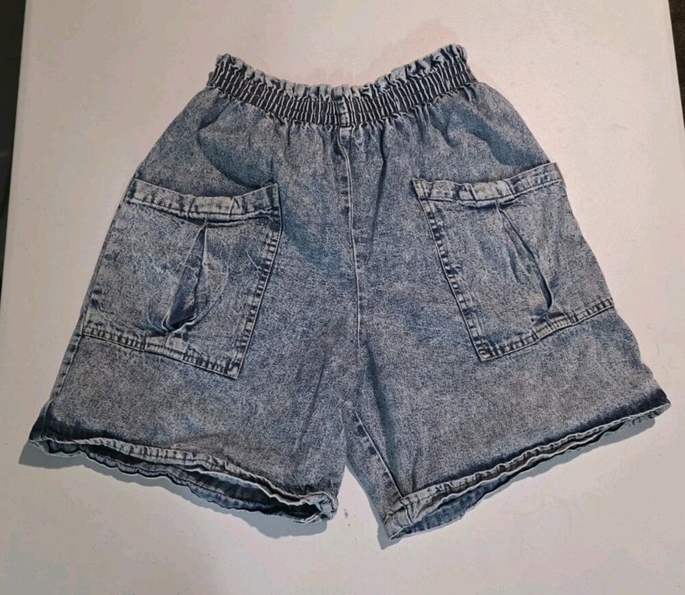 Vintage Denim Shorts Womens M Elastic Waist High Rise USA Made Acid Wash Mom